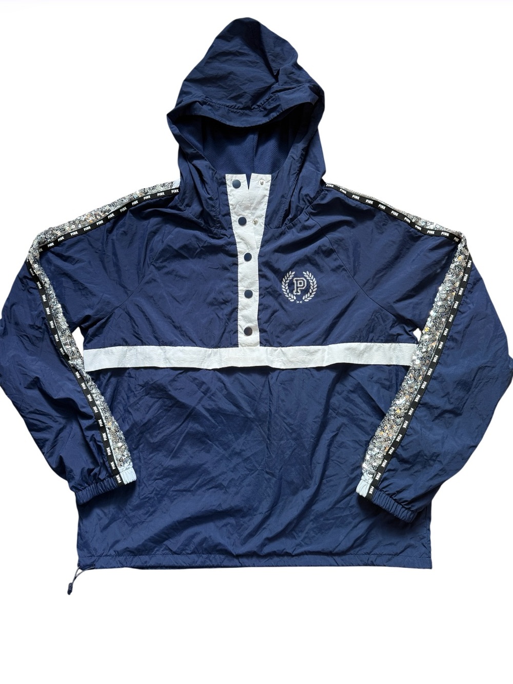 Y2K Victoria's Secret PINK Navy Blue Sequin Logo Anorak Hooded Windbreaker M/L